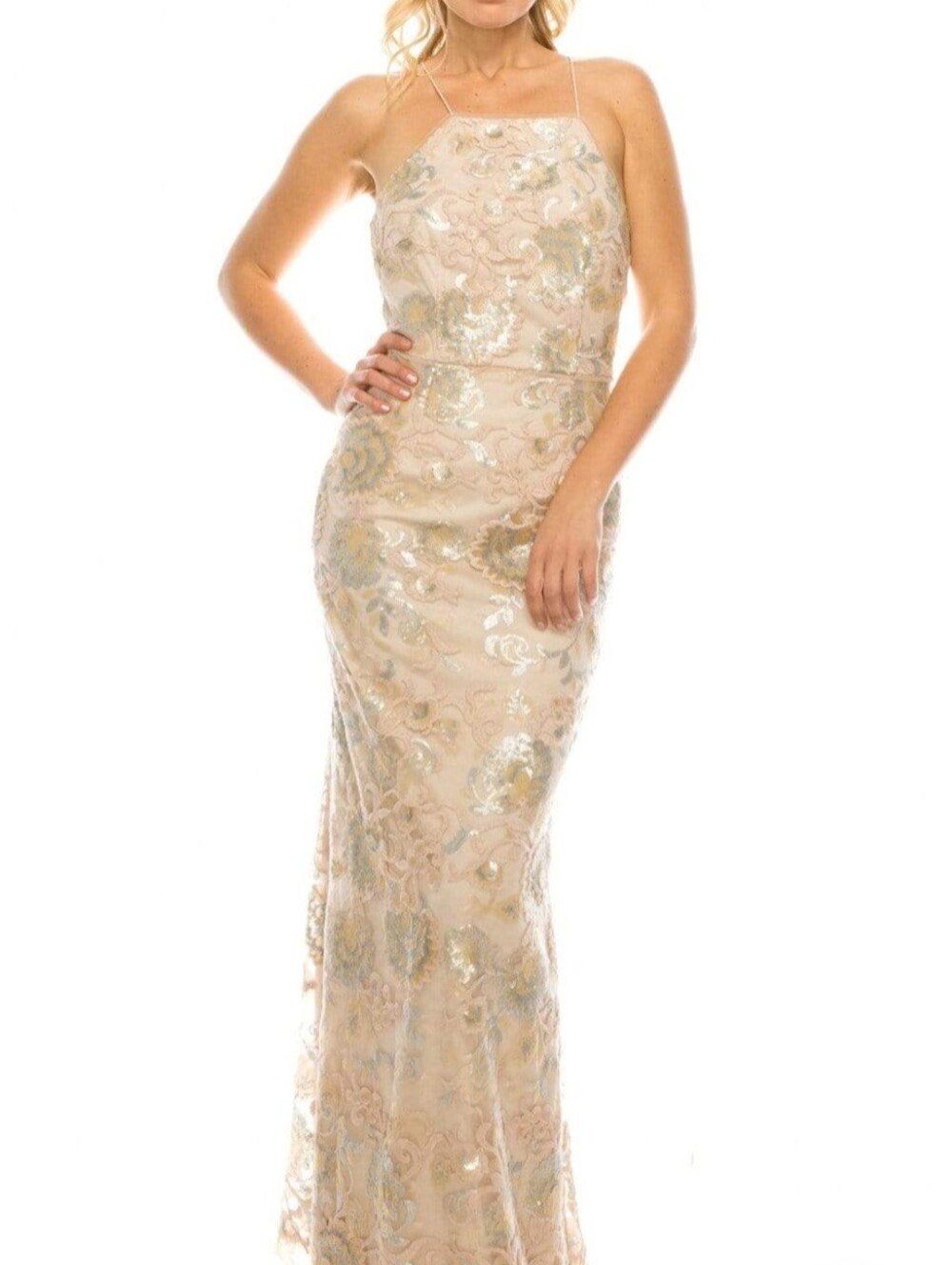 Adrianna Papell Sequin Floral Embroidered Sheath Halter Maxi Dress Gown Size 10